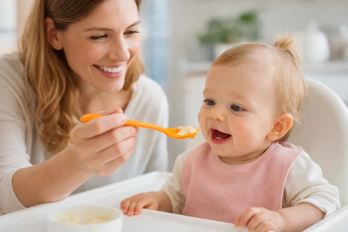 A smiling mother feeding her baby in a high chair