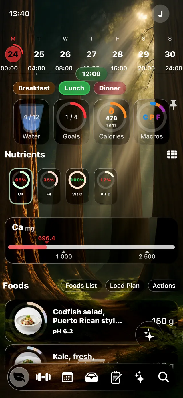 The Wise Eating timeline, showing meals and a workout on the same day