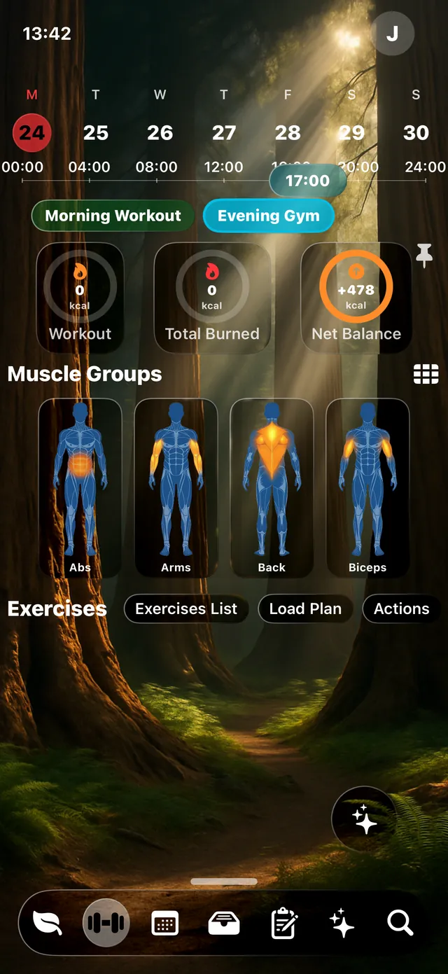 A workout in Wise Eating, showing muscle groups trained and the exercises logged