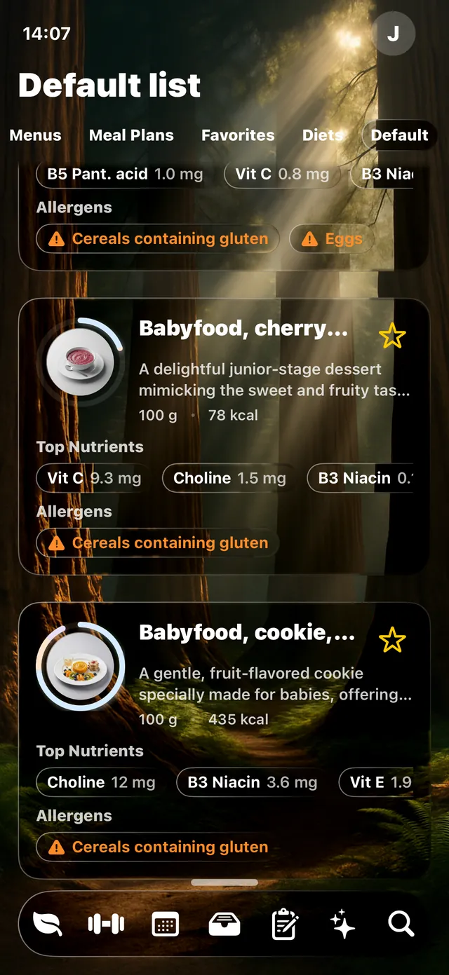 A food list in Wise Eating showing top nutrients and allergen warnings per item