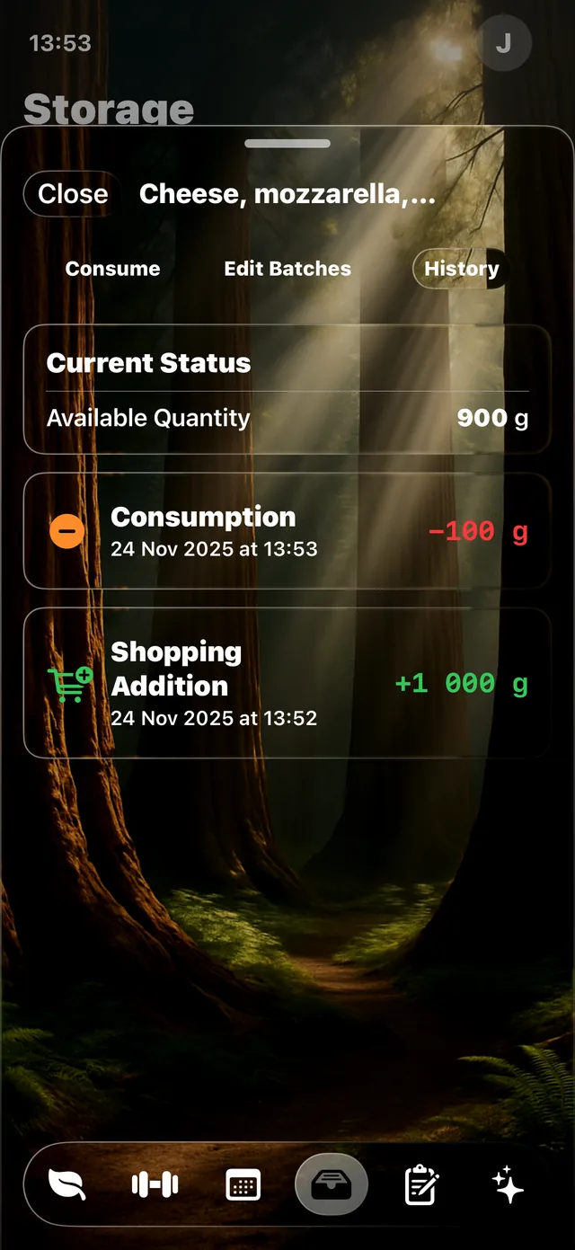 A storage record in Wise Eating showing available quantity and its consumption history