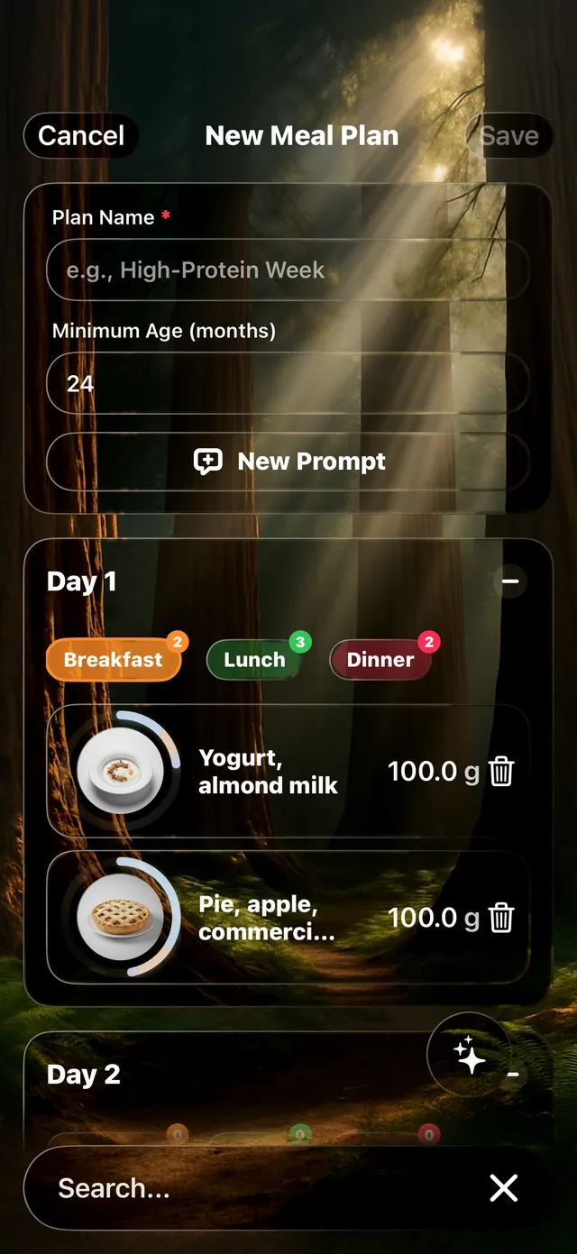 The meal plan builder in Wise Eating, with prompts and a day of planned meals