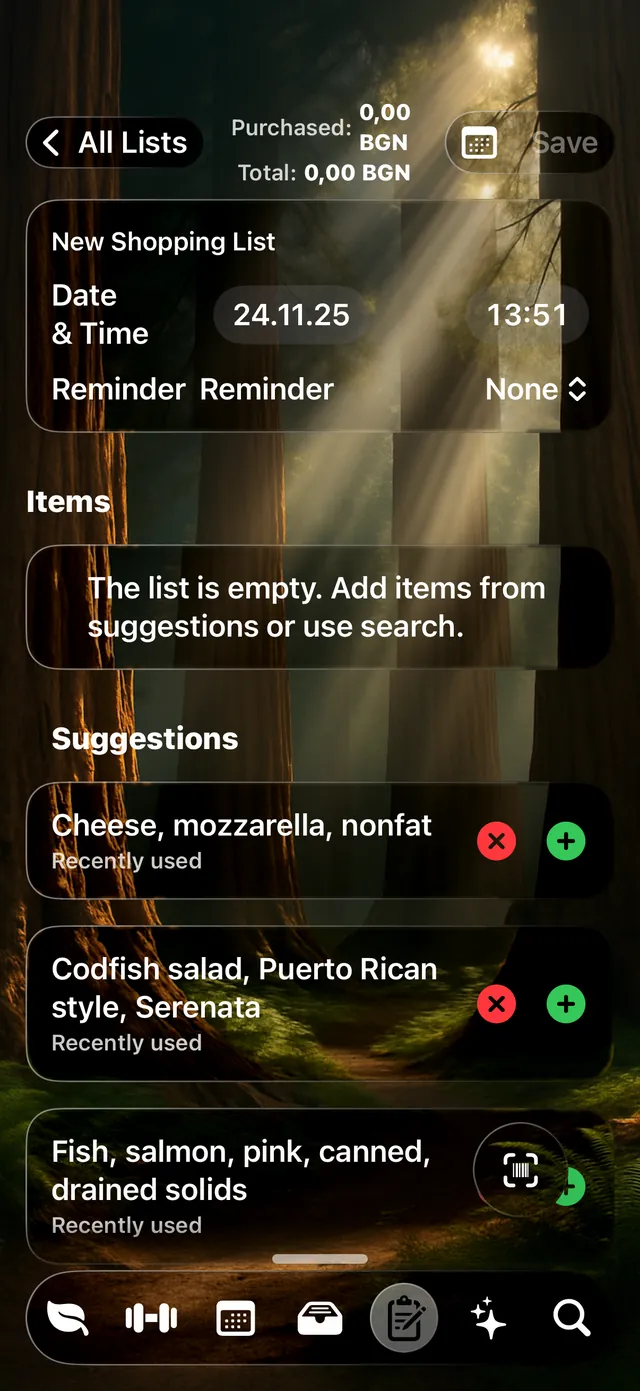 A new shopping list in Wise Eating with suggested items drawn from recent meals