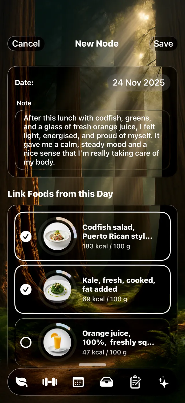 A journal entry in Wise Eating with the foods eaten that day linked to it
