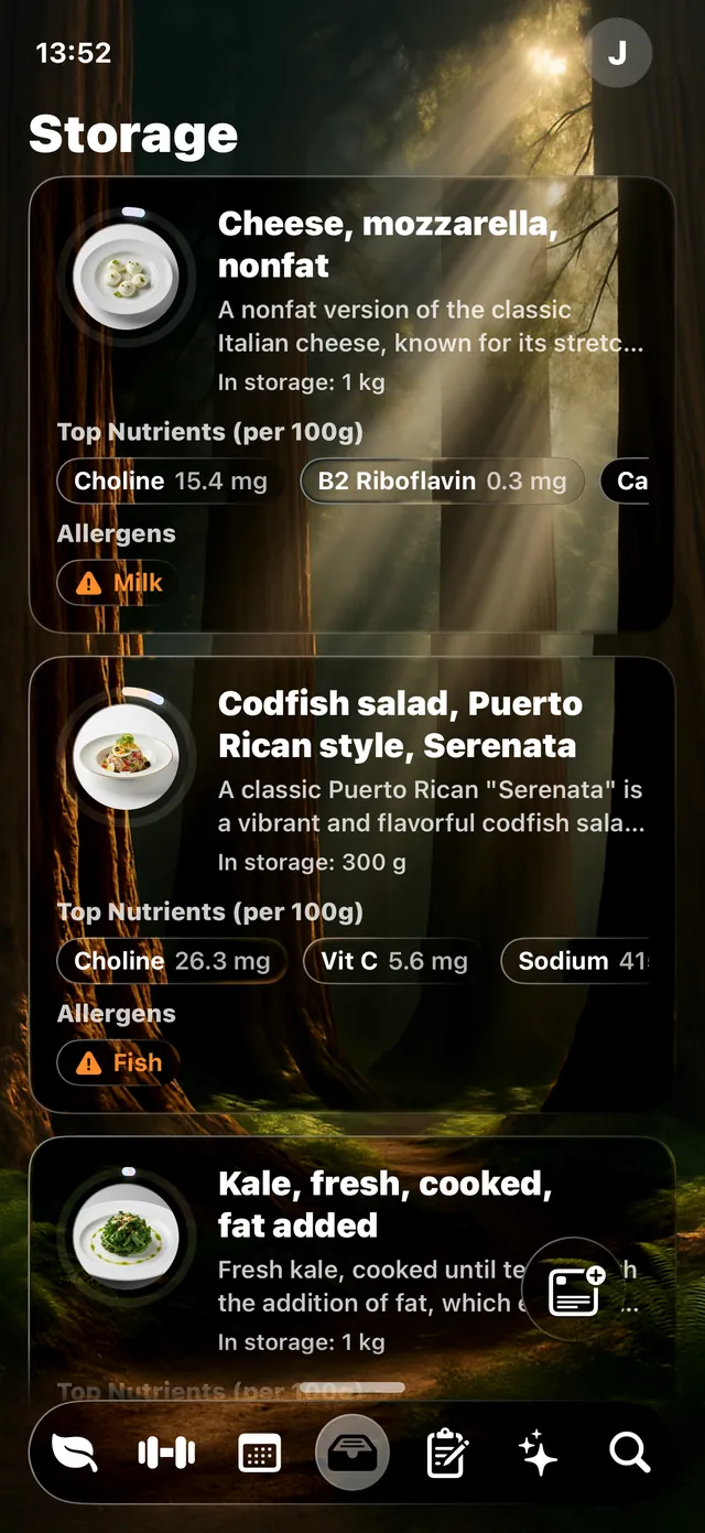 A storage list in Wise Eating showing per-100g nutrients and allergens for each food